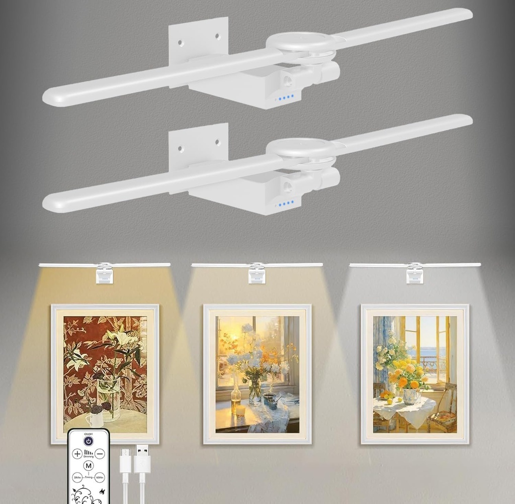 Picture Light for Wall 2 Pack, 18in Rechargeable Art Painting Light with Timer, Painting Frame Light with Remote Control Display for Living Room, Bedroom, Wall Décor(White)