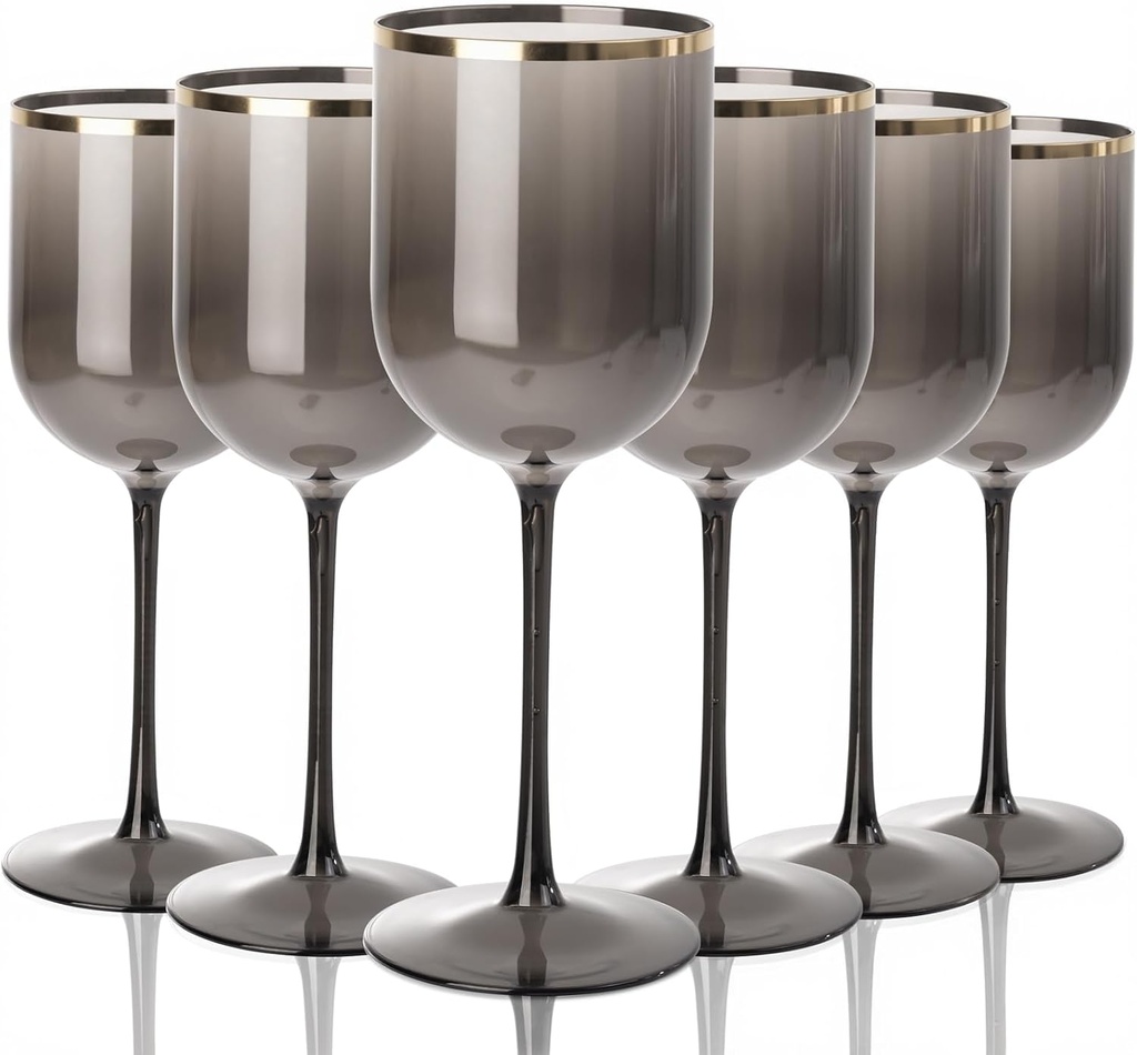 Liacere Plastic Wine Glasses Set of 8-14oz Black Wine Cup with Gold Rim,Dishwasher Safe Plastic Cups with Stem Reusable & Unbreakable Disposable glasses for Weddings,Parties ＆ Halloween