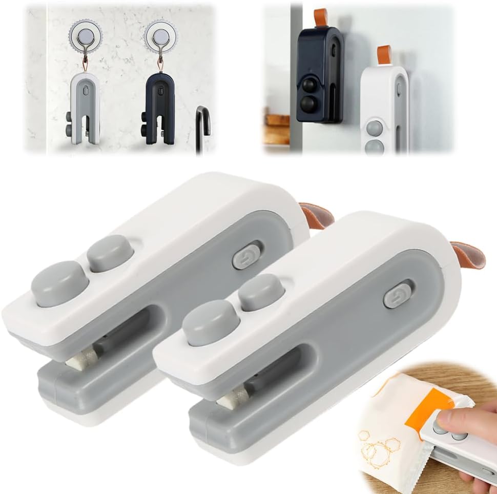 Mini Bag Sealer, 2026 Upgrade Magnetic Portable Handheld Vacuum Food Sealer Bag, 2 in 1 Rechargeable Chip Bag Sealer Heat Sealer for Plastic Bag Snack Bag Food Storage (White*2)