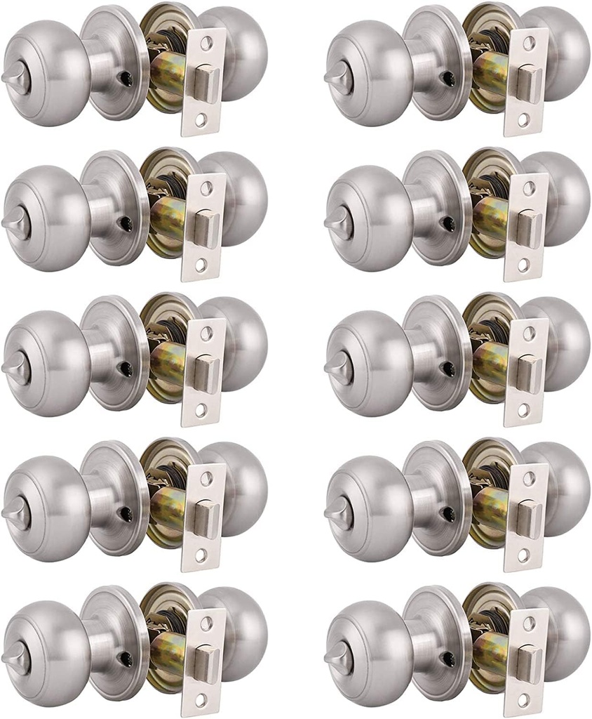 Gobrico Brushed Nickel Door Handles Privacy Door Knobs with Lock Bedroom Bathroom Door Levers Stainless Steel Interior Door Knobset Flat Ball Shape 10 Pack