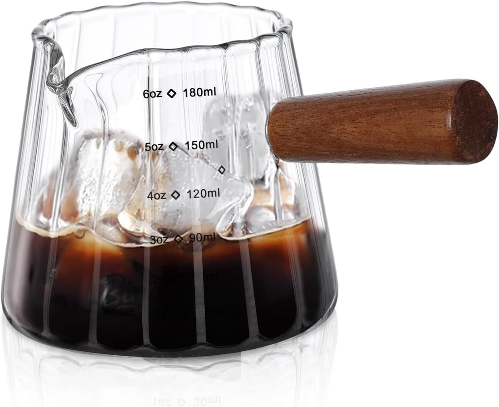 6oz Glass Espresso Cups with Spout, Espresso Accessories, Espresso Shot Glass with V-Shaped Mouth, Ribbed Milk Frothing Pitcher (Clear)