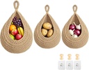 Halidali Hanging Fruit Baskets for Kitchen, 3 Pack Boho Cotton Rope Handwoven Vegetable Storage Wall Mounted Large Organizing Basket for Farmhouse Decor, Onion, Potato, Garlic and Plants (Linen)