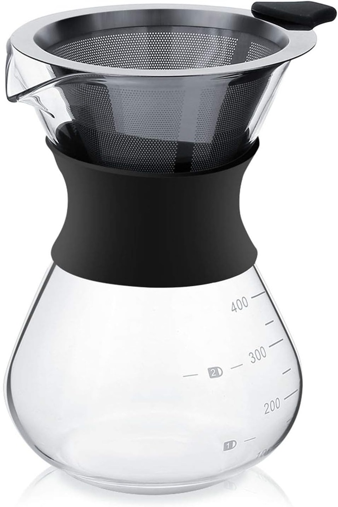 Joyzan Pour Over Coffee Maker, High-Heat Paperless Glass Drip Dripper Brewer Carafe with Reusable Stainless Steel Filter Scale Line Paperless Removable Portable Pot Set Clear Camping Hiking 400ML