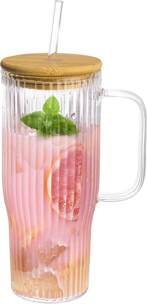 32oz Ribbed Glass Cup with Handle Bamboo Lid and Straw，Borosilicate Glass Tumbler, Iced Coffee Cups Hot/Cold Drinks