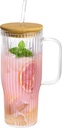 32oz Ribbed Glass Cup with Handle Bamboo Lid and Straw，Borosilicate Glass Tumbler, Iced Coffee Cups Hot/Cold Drinks