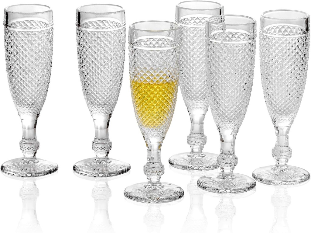 Chroma Champagne Flutes 5.1 oz. set of 6 from Clear Vintage Stem-ware Premium Goblet Glass for Refreshments Bubble Wine Soda Juice for Wedding Parties Bars Anniversary Birthday