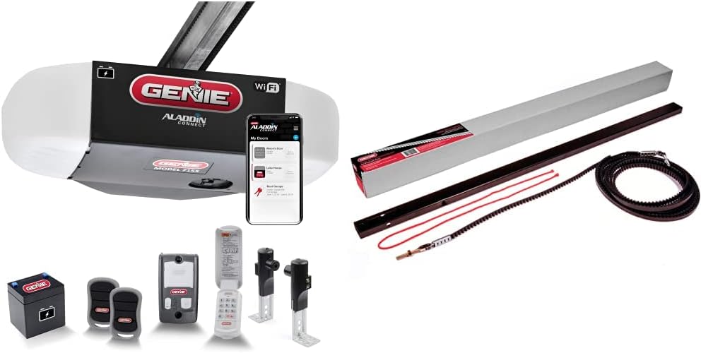 Genie StealthDrive Connect Model 7155-TKV Smartphone-Controlled Ultra-Quiet Strong Belt Drive Garage Door Opener & Garage Door Opener Extension Kit for 5-Piece Belt-Drive Tube Rails, Metallic