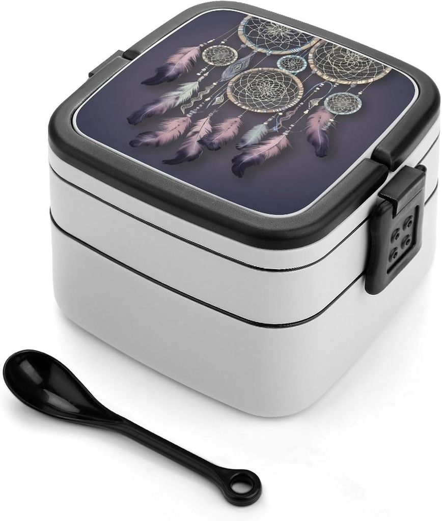 Dream Catcher Bento Box Adult Lunch Box All-in-One Lunch Containers with Removable Compartments Double Layer Bento Lunch Box with Spoon And Handle Stackable Lunchbox