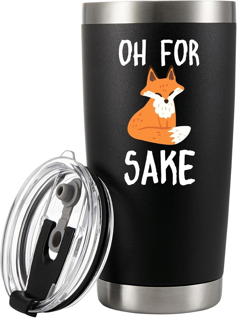 Panvola Oh For Fox Sake Travel Mug Funny Sarcastic Gifts For Coworker Office Gifts Fox Lover Sarcasm Joke Humor Vacuum Insulated Tumbler Stainless Steel With Removable Lid and Straw (Black, 20 oz)