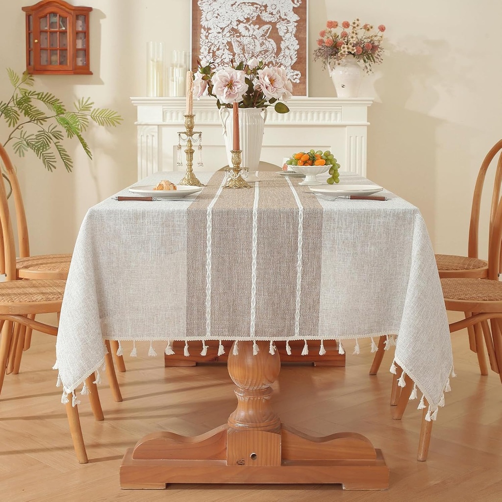 Thanksgiving Tablecloth Rectangular Coffee Cotton Linen Table Cloths with Tassels for Christmas Parties Dining Birthday Party 55" X 70"