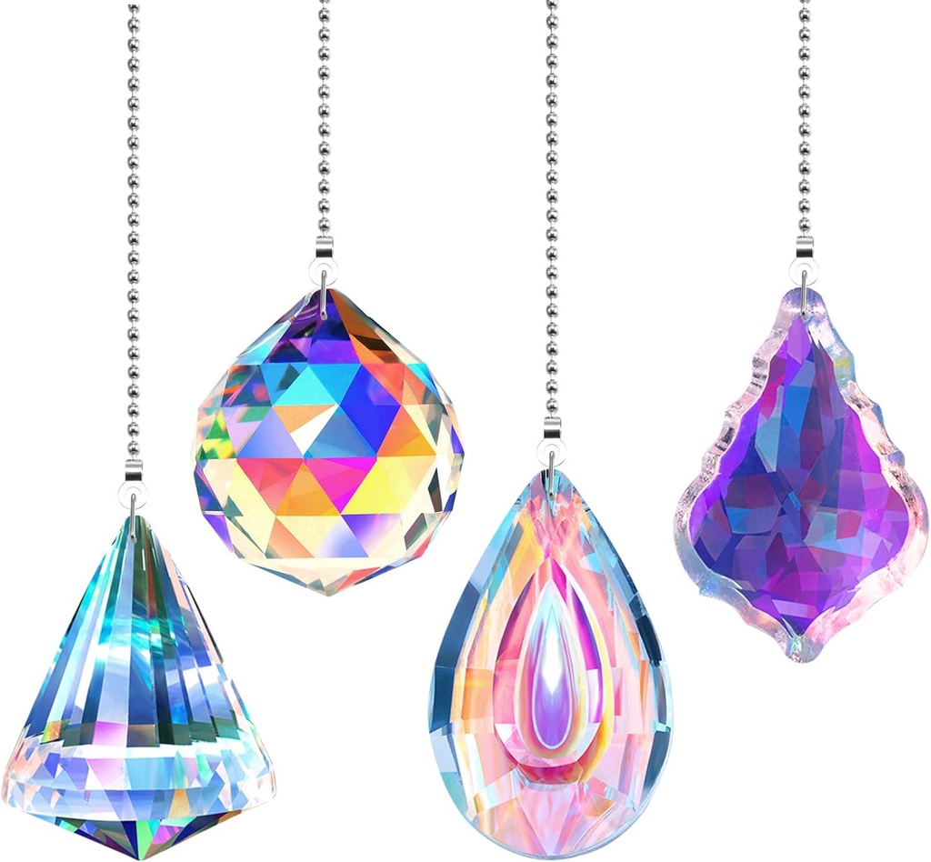 4 Pieces Crystal Ceiling Fan Pull Chain Decorative Rainbow Pull Chain Extension 20 Inch Ceiling Ornament with Ball Connector(Longan, Round, Polygon, Quadrilateral)