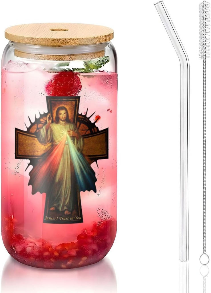 Divine Mercy Of Jesus Christian1 16 Oz Drinking Glasses With Bamboo Lids,Glass Straw And Cleaning Brushes Glass Tea Cup For Iced Coffee,Smoothie,Cocktail,Beer,Whiskey,Soda,Matcha