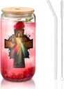 Divine Mercy Of Jesus Christian1 16 Oz Drinking Glasses With Bamboo Lids,Glass Straw And Cleaning Brushes Glass Tea Cup For Iced Coffee,Smoothie,Cocktail,Beer,Whiskey,Soda,Matcha
