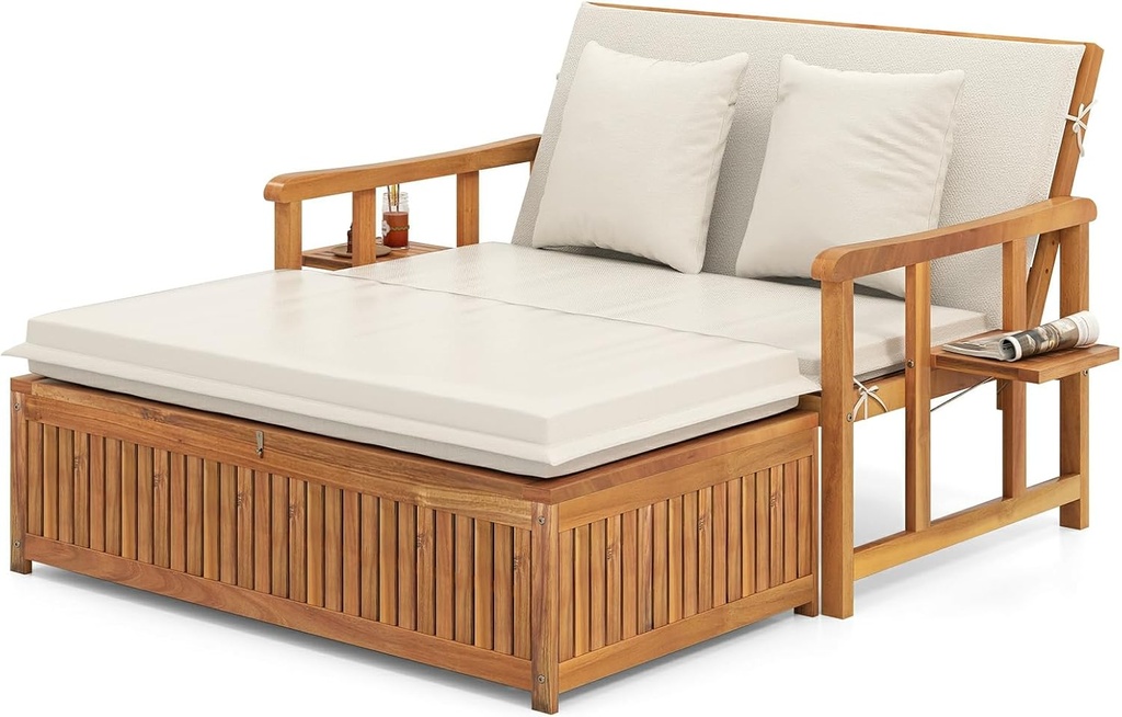 LDAILY Moccha Acacia Wood Outdoor Daybed - Wooden Loveseat Sofa with 4-Level Backrest, Storage Ottoman, Cushions, Outside Sunbed, Double Bed Lounger for Backyard Porch Pool Patio Furniture Set