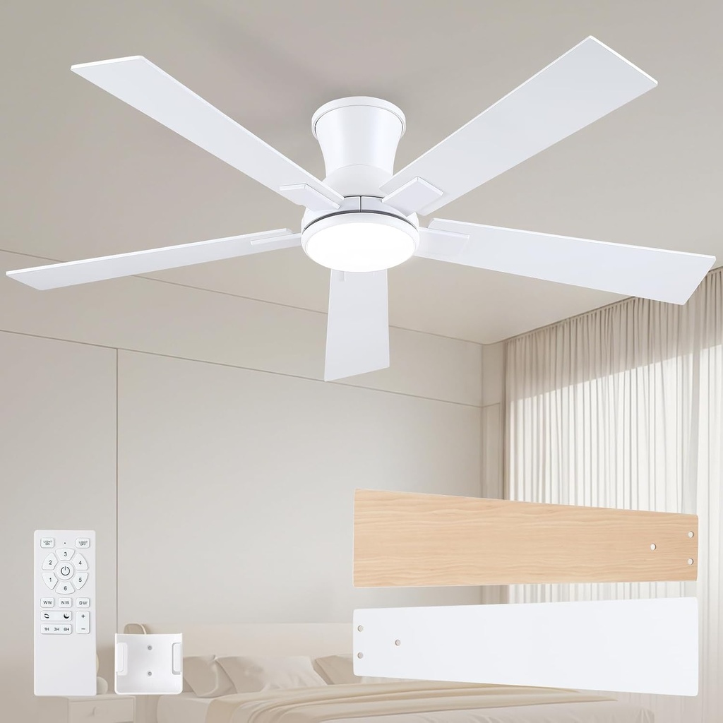 52 Inch White Flush Mount Ceiling Fan with Light, 3CCT Dimmable LED, 6-Speed Remote Control, Reversible Motor,Quiet Low Profile Energy-Efficient for Bedroom & Living Room,ETL Listed