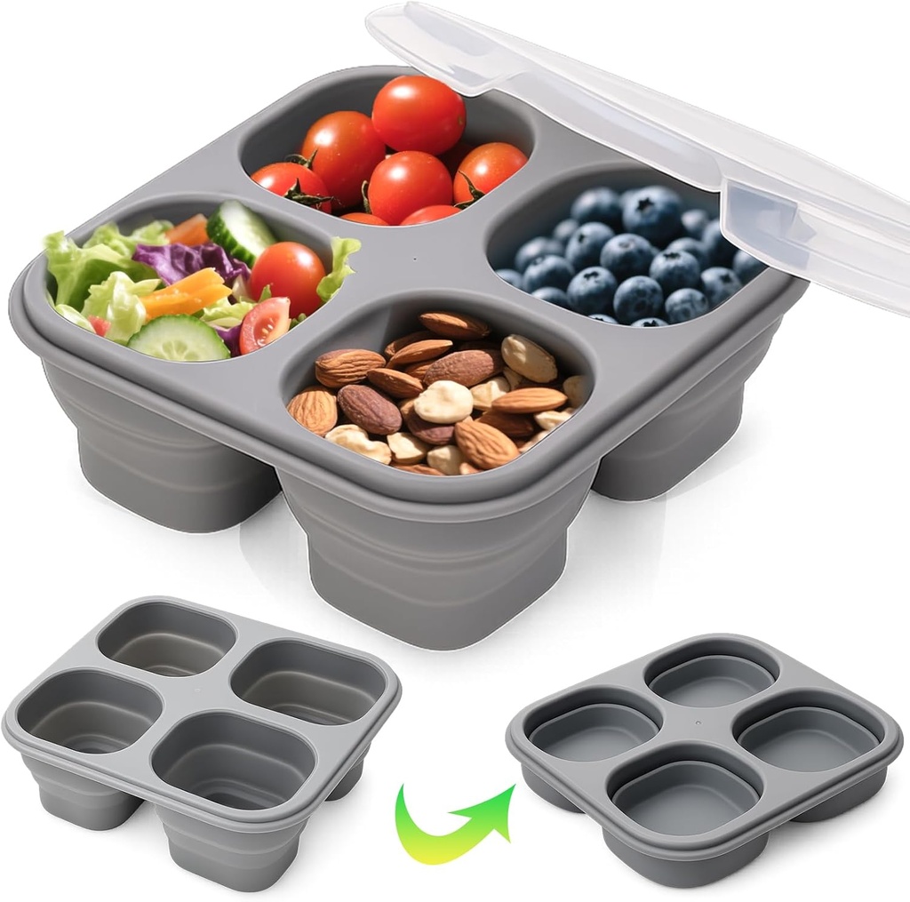 Juome Silicone Reusable Snack Containers with Lids, Foldable 4 Compartment Snack Containers for Kids, Leakproof Divided Food Storage Condiment Box Sauce Cups for School, Travel, Home