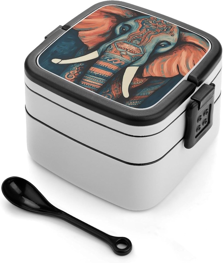 Stackable Double-Layer Bento Box Abstract Elephant Adults Lunchbox With Spoon Cute Japanese Bento Box Dishwasher Safe for Work Travel Dining Outc