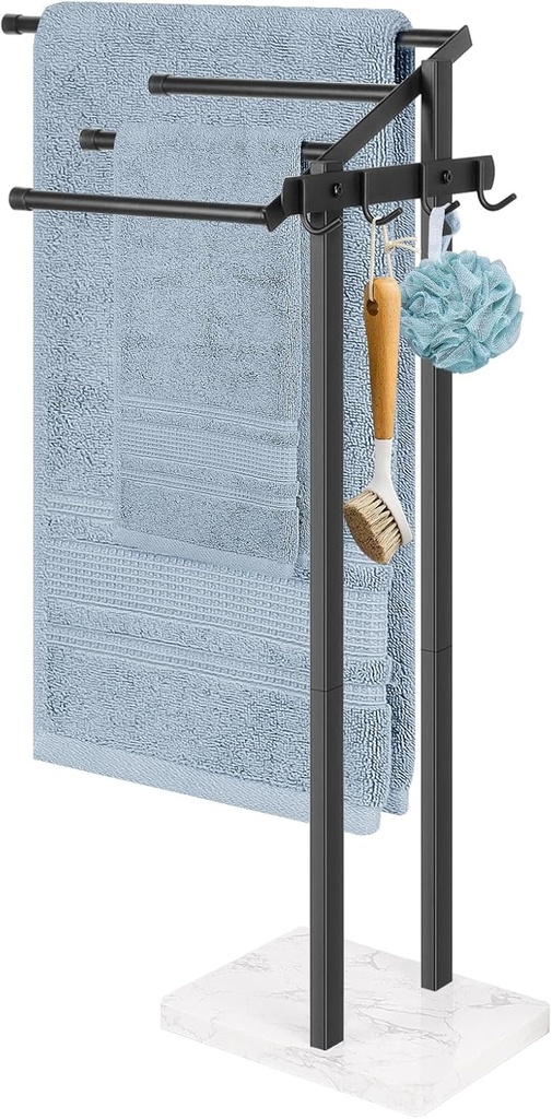 HarJue Towel Rack for Bathroom, 36” H Towel Holder Stand, Bath Towels Sheet Holder with Marble Base, Standing Rack for Home Pool Outdoor Floor, Store Family Member Towels (Black, 36” H-Hooks)