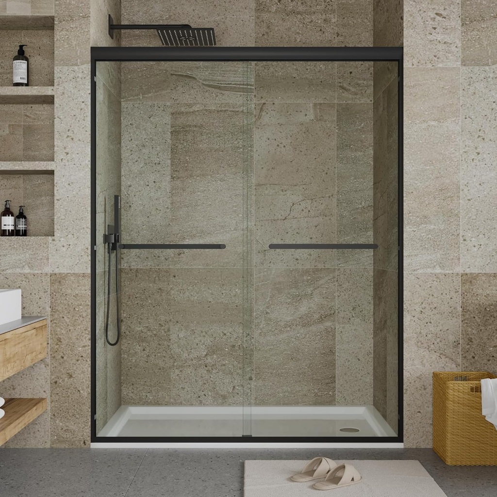 Semi-Frameless Shower Door 56-60" W x 72" H, Double Sliding Doors, Tempered Glass, Easy-Clean & Durable Bathroom Door with Hardware Kit