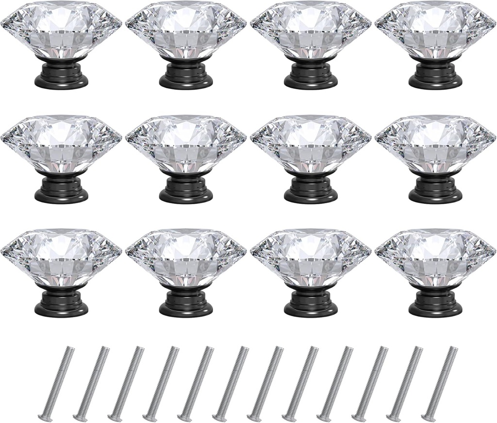 Tomorotec 12-Pack 40mm White Crystal Glass Cabinet Drawer Pull with Black Base for Modern & Classic Styles, Easy-to-Install Elegant Home Decor Upgrade with Durable Hardware for Vanity, Wardrobe, Desk