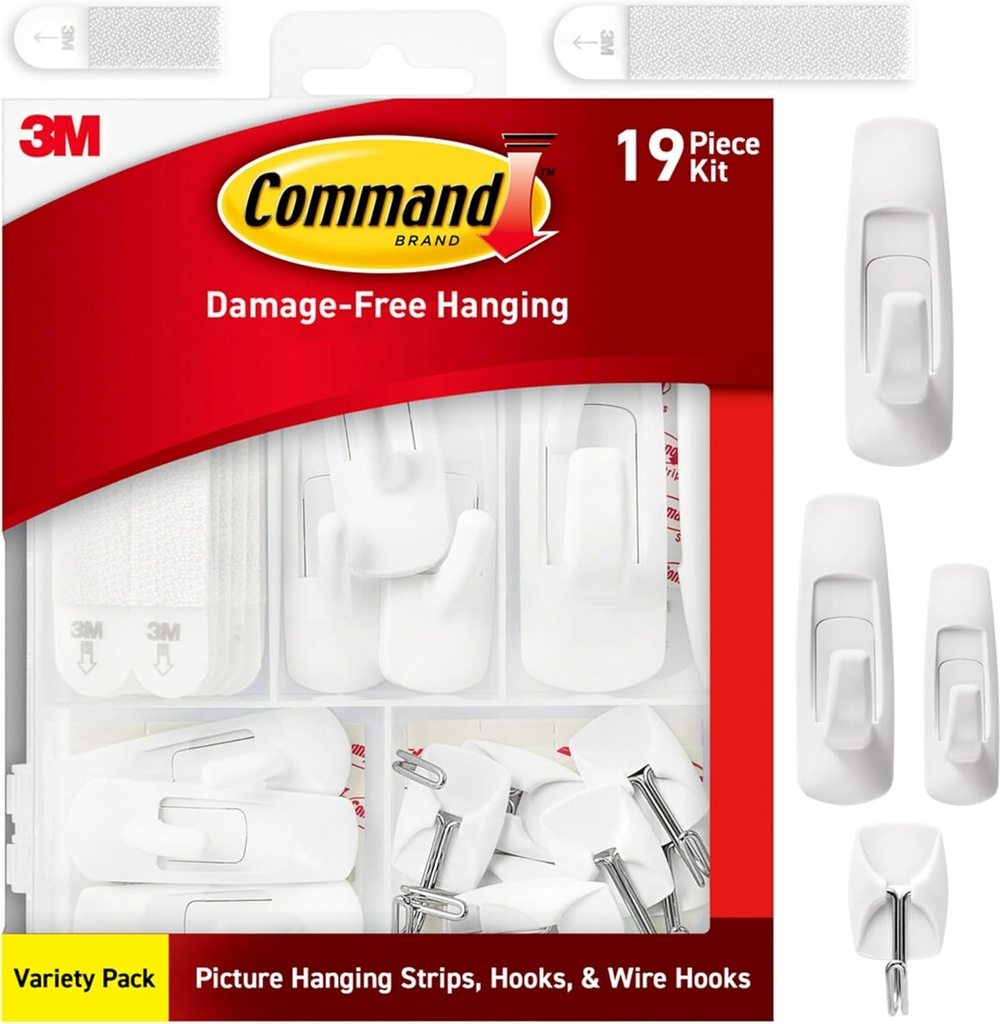 Command Variety Pack, Including 10 Pairs of Picture Hanging Strips, 6 Wire Hooks and 8 Utility Hooks for Hanging Christmas Decorations, Damage-Free Hanging Up to 19 Items with Command Strips, 1 Kit
