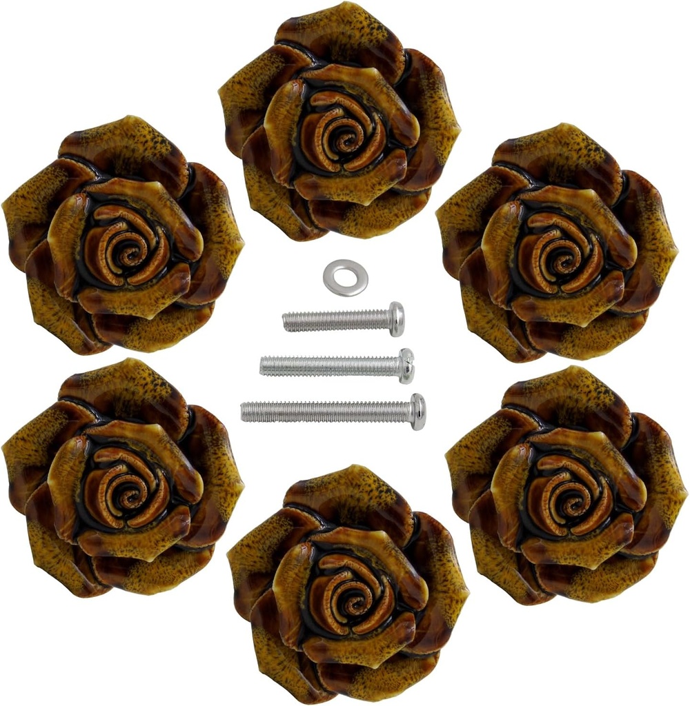 Retro Floral Dresser Knobs, Vintage Ceramic Rose Cabinet Cupboard Dresser Drawer Knobs and Pulls - Set of 6 with Screws (A)