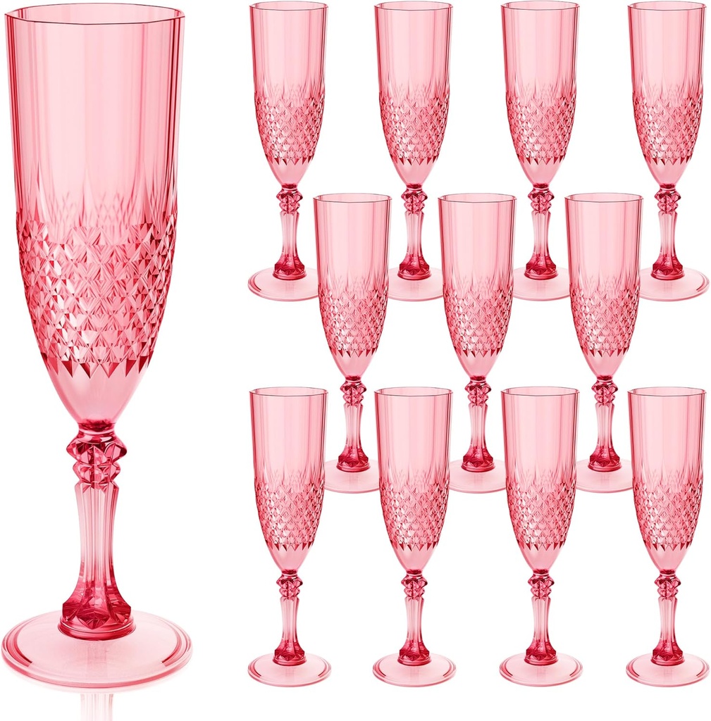 Plastic Champagne Flutes, 12PCS Red Wine Glasses Goblets Cups Reusable Flute, for Thanksgiving Christmas Weddings Bachelor Parties Toasting and Events(12,Red)