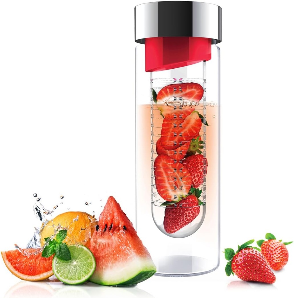 Asobu Flavor It 20 Ounce Glass Water Bottle With Fruit Infuser, Red Silver