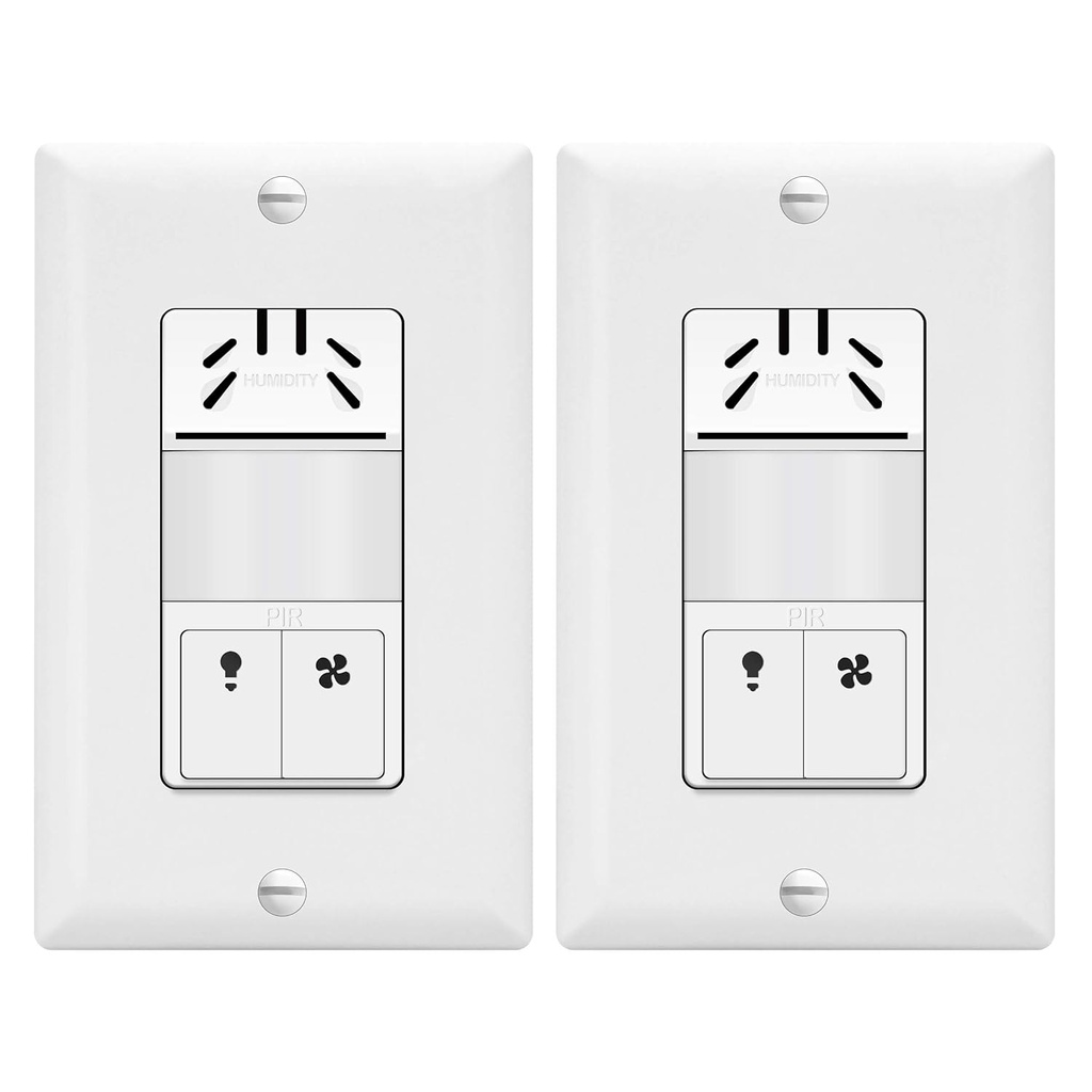 TOPGREENER Dual Tech Humidity Sensor Switch, Infrared PIR Motion & Air Moisture Detection, Bathroom Fan & Light Control, Adjustable Timing, Neutral Wire Required, UL Listed, TDHOS5-2PCS, White 2 Pack