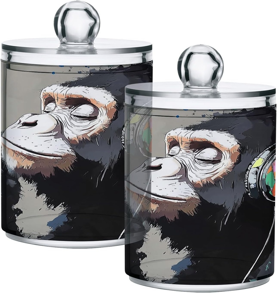 Acrylic Plastic Clear Jar with Lid, Painting Monkey Headphones Watercolor Airtight Storage Jar 2 Pack Kitchen Storage Containers for Cookie Snack Candy