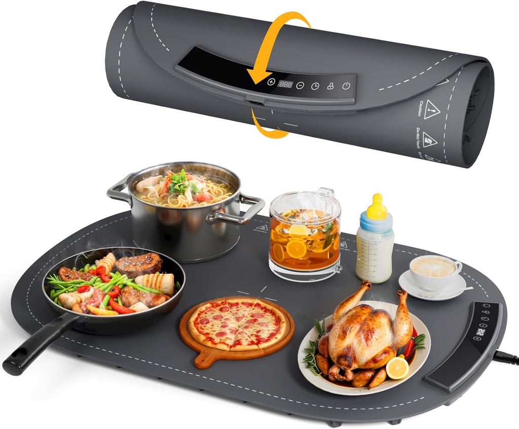 Warming Mat for Food - Food Warming Mats for Countertop, 8 Temperature Settings, 5s Fast Heating, 4 Hours Auto-Off, Foldable & Easy to Clean, Safe for Parties, Buffets, and Home Use(Grey)