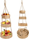 3 Tier Hanging Fruit Basket, Natural Vegetable Storage Basket, Wall Mount Round Water Hyacinth Produce Organizer for Kitchen, Living Room, Bathroom, Nursery