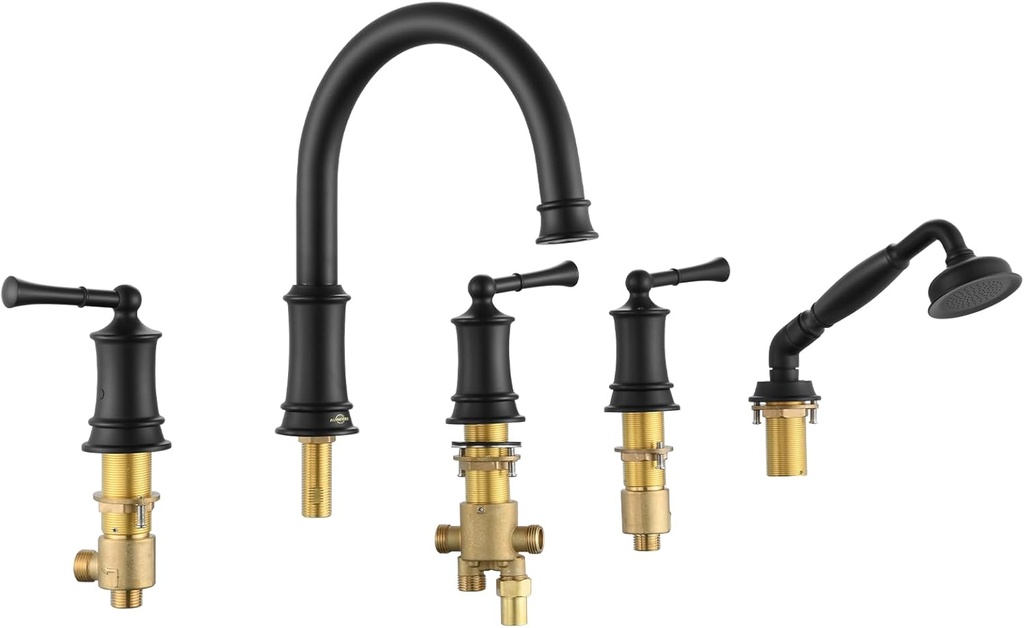 Matte Black Roman Bathtub Faucet Set 5 Hole Deck Mount, Classic Tub Filler with Handshower, High Flow Max 6.3 GPM, 360° Rotatable Spout, 3 Handles, Solid Brass Construction (B2309-BK)