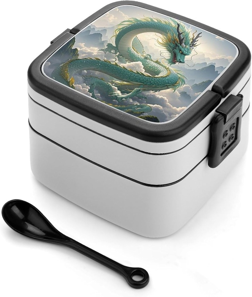 Qinglong Bento Box - Double Layer, Leakproof Food Containers with Partition & Spoon, Stackable Lunch Box for Office, Travel, Camping