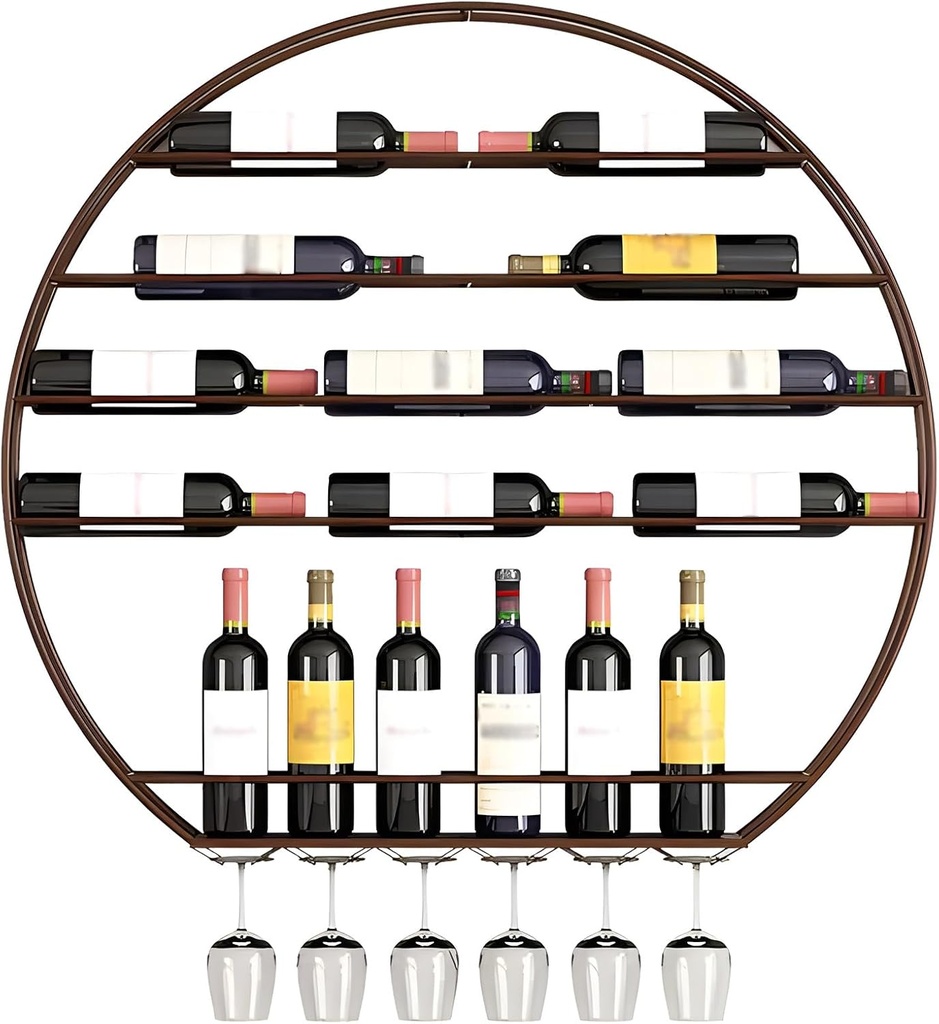 Round Wall Wine Rack for Wine Cellar, Wine Rack Wall Mounted with Glass Holder, Wine Rack Wall, Easy Assemble(Brass)