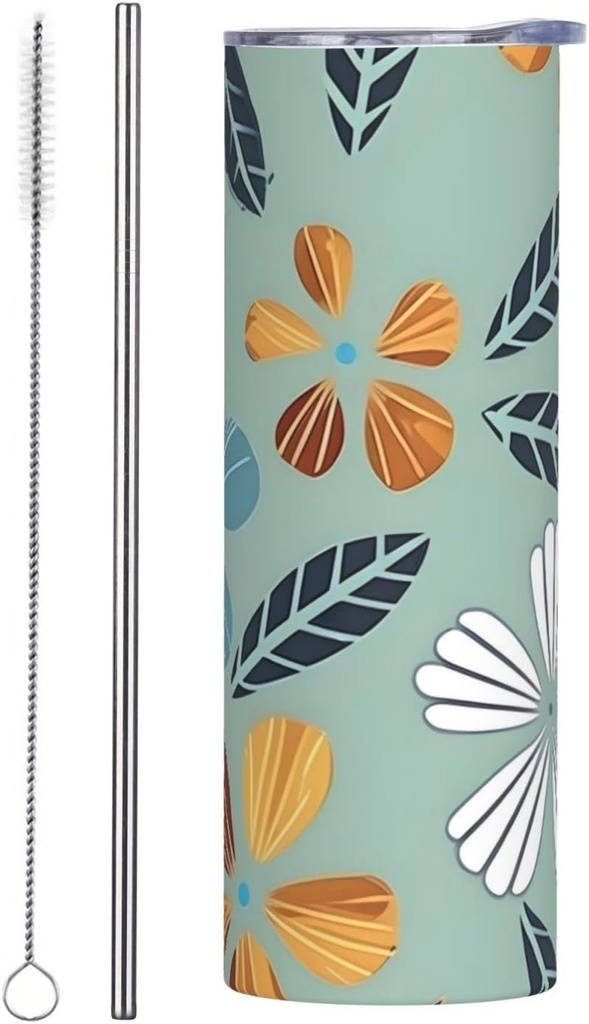 20ozLight coloured floral stainless steel straw lid cup, double-layer stainless steel, can be drunk directly or with a straw