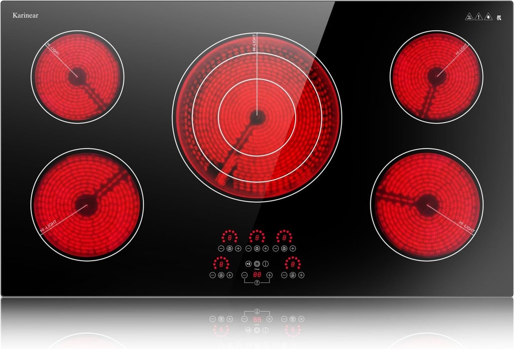 Karinear Electric Cooktop 36 Inch, Upgrade Sensor Touch 5 Burners Electric Stove Top, Built-in Ceramic Cooktop, Pause, Timer, Safety Lock, Triple Ring Expandable Burner,9400W, 220V