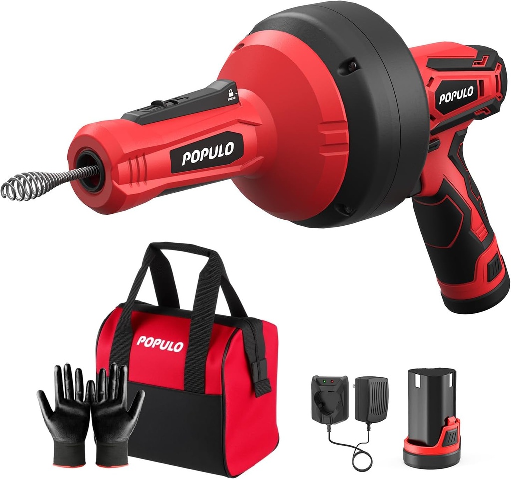 POPULO 12V Cordless Electric Drain Auger, Auto Feed Plumbing Snake Drain for Unclog Sink Drain 3/4"-2" Pipe, 16.8 FT Snake Hair Drain Clog Remover Cleaner Tools for Shower, Kitchen, Bathtub, Sink