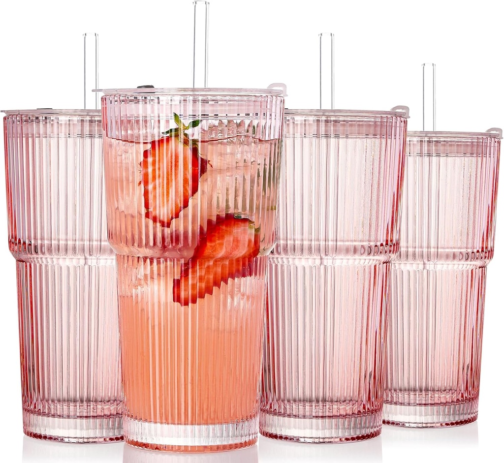 4PCS Ribbed Glass Cups with Lids and Straws, 20oz Vintage Drinking Glasses, Aesthetic Iced Coffee Cups, Glass Tumbler for Boba, Beer, Tea, Cocktails, Ribbed Glassware Set,Pink