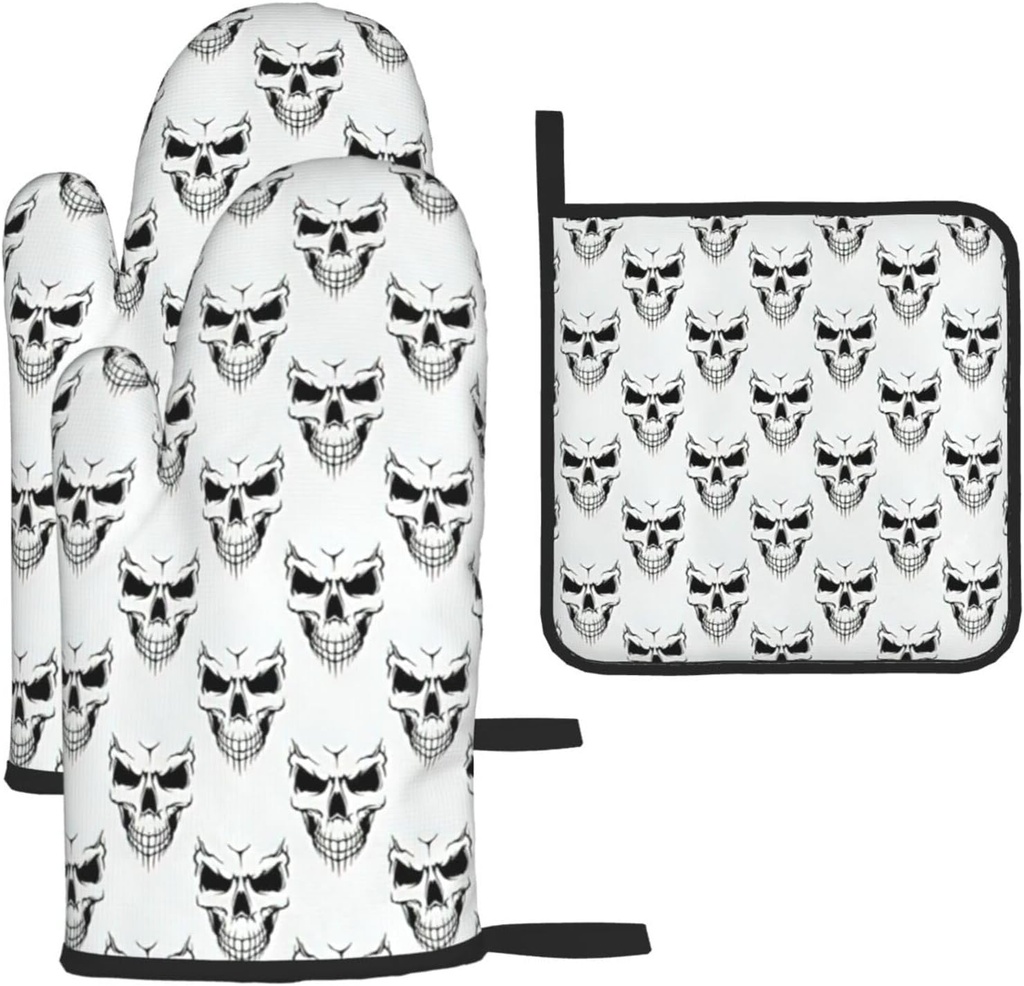 Halloween Themed Monochrome Skeleton Head Print Oven Mitts and Pot Holders Sets Gloves Restaurant,Cooking,Baking, Microwave Use