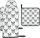 Halloween Themed Monochrome Skeleton Head Print Oven Mitts and Pot Holders Sets Gloves Restaurant,Cooking,Baking, Microwave Use