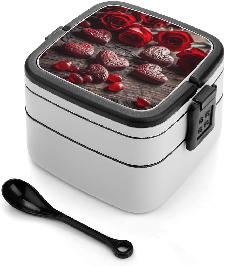 Hearts on Table Bento Box Double-Layer Bento Lunch Container with Spoon And Invisible Handle Adult Leak-Proof Lunchbox for Dining Out Work Picnics Travel