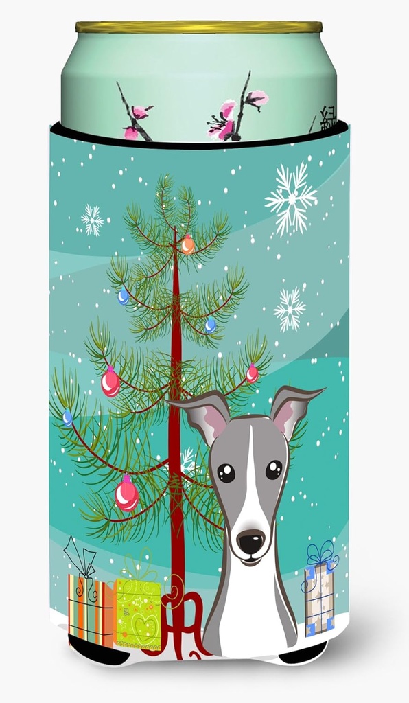 Caroline's Treasures BB1608TBC Christmas Tree and Italian Greyhound Tall Boy Hugger Can Cooler Sleeve Hugger Machine Washable Drink Sleeve Hugger Collapsible Insulator Beverage Insulated Holder