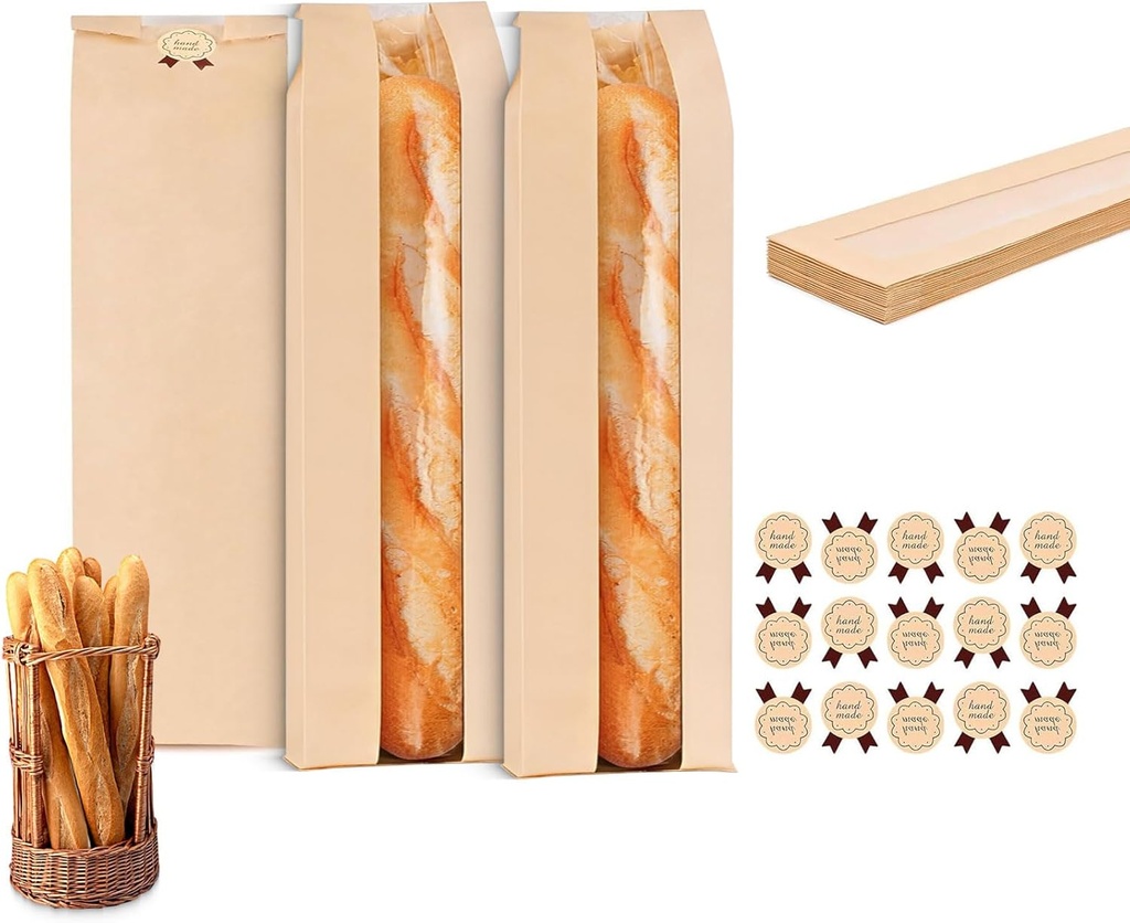 Paper Bread Bag with Window Bread Bags for Homemade Bread Paper Bags Brown Kraft Loaf Storage Sacks Long French Bread Bags Bread Biscuits Packaging (13.8 * 4.3 * 1.6 Inch)