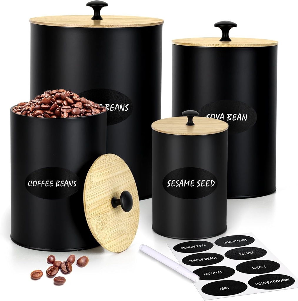 Round Black Kitchen Canisters for Countertop Set of 4, Flour Sugar Storage Containers, Farmhouse Kitchen Canisters Coffee Tea Sugar Spice Flour Food Storage Container with Airtight Bamboo Lids