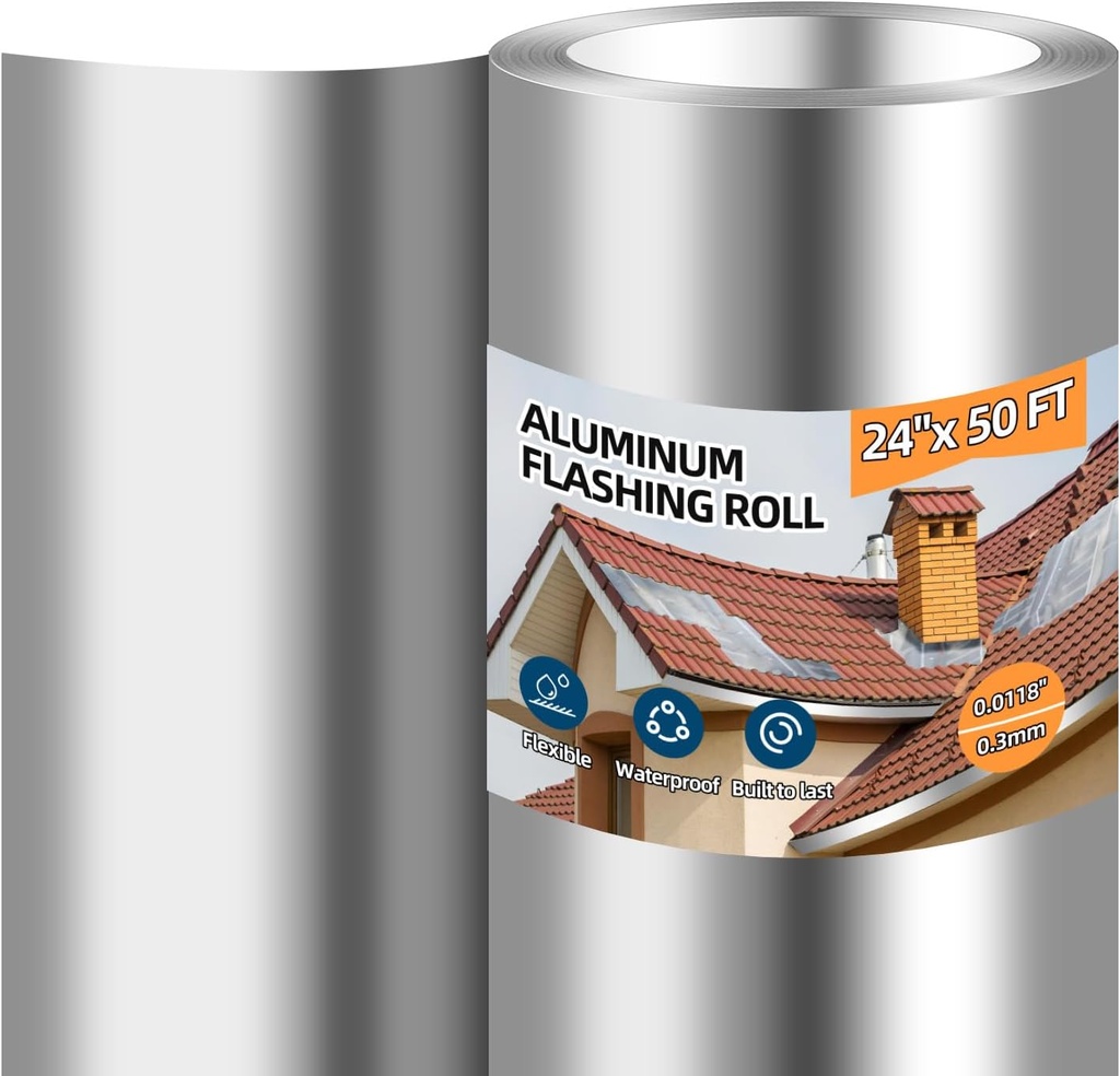 Aluminum Roll Flashing, 24'' x 50' Metal Roofing Roll for Roof and Garden, Prevents Roofing Stains, 0.019-inch/0.3 mm Thickness (26GA) Roof Strip for Moss and Mildew Prevention