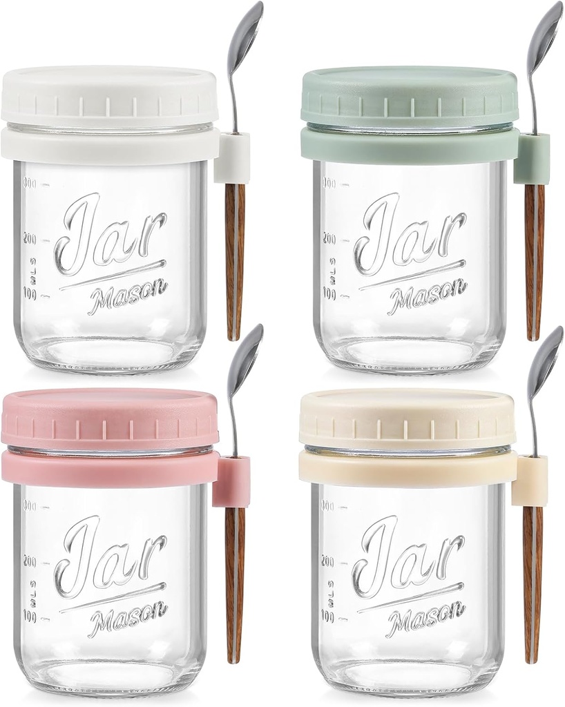 4 Pack Overnight Oats Containers with Lids and Spoons, 16 oz Glass Mason Jars with Airtight Lids, Overnight Oats Jars for Milk, Cereal, Fruit