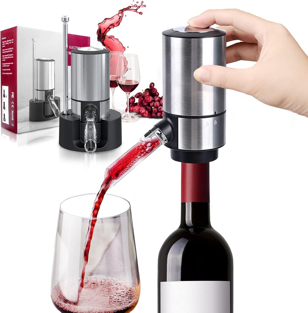 Wine Gifts-Wine Aerator Pourer-Rocyis Electric Wine Dispenser, One Touch Smart Wine Decanter w/Storage Base & Retractable Tube (Battery Operated)
