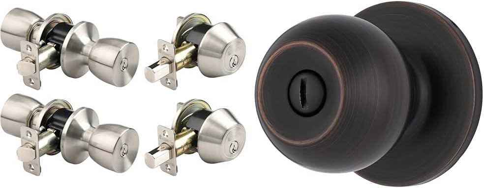 BRINKS Bell Style Keyed Entry Door Knob, Single Cylinder Deadbolt Set, Transitional Privacy Locking Interior Ball Door Knob, 2-Pack - Keyed Alike, Satin Nickel, Tuscan Bronze