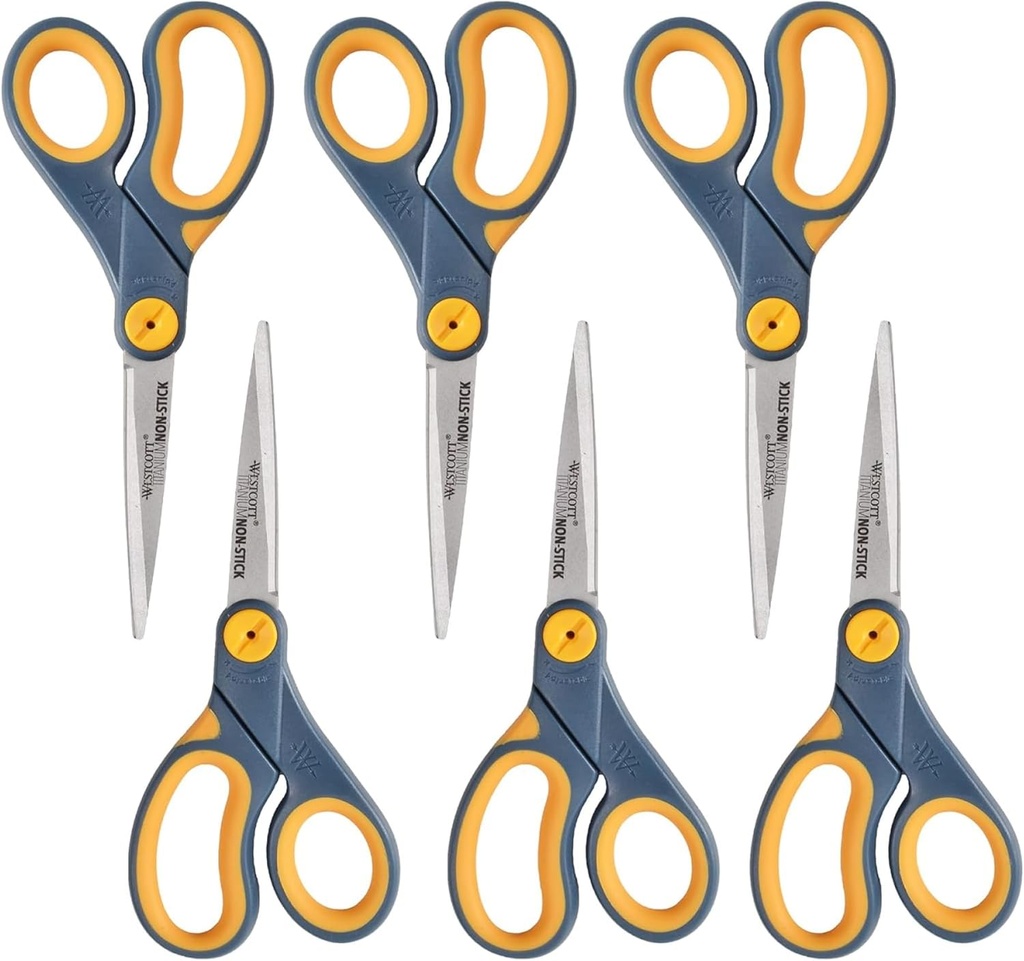 Westcott ‎17597 8-Inch Non-Stick Titanium Scissors For Office and Home, Blue/Gray, 6 Pack